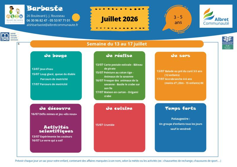 ALSH barbaste planning vacances 13 17 juillet 3 5 ans