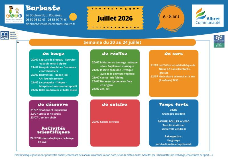 ALSH barbaste planning vacances 20 24 juillet 6 8 ans