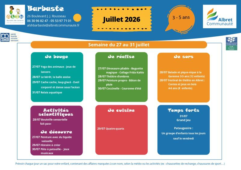 ALSH barbaste planning vacances 27 31 juillet 3 5 ans