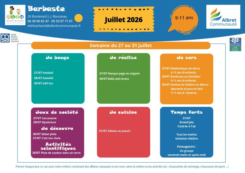 ALSH barbaste planning vacances 27 31 juillet 9 11 ans