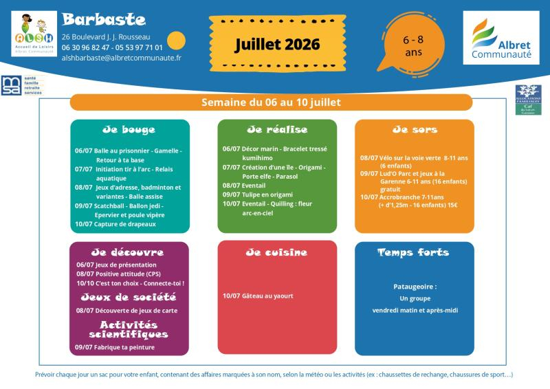 ALSH barbaste planning vacances 6 10 juillet 6 8 ans