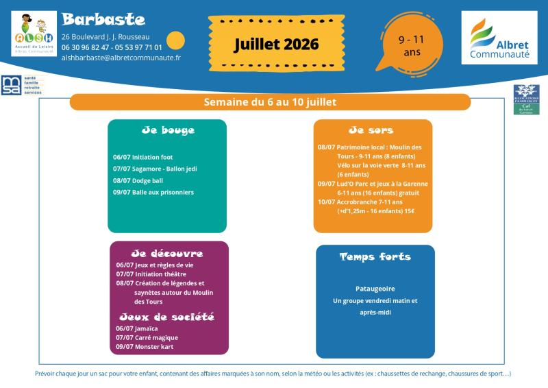 ALSH barbaste planning vacances 6 10 juillet 9 11 ans
