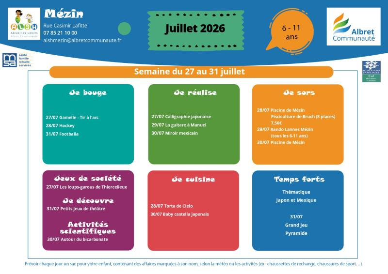 ALSH mezin planning vacances 27 31 juillet 6 11 ans