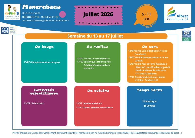 ALSH moncrabeau planning vacances 13 17 juillet 6 11 ans