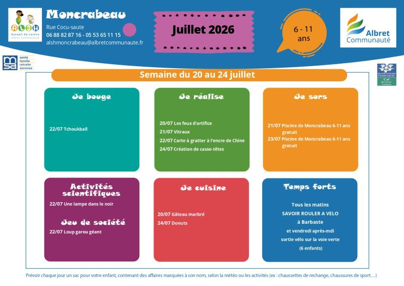 ALSH moncrabeau planning vacances 20 24 juillet 6 11 ans
