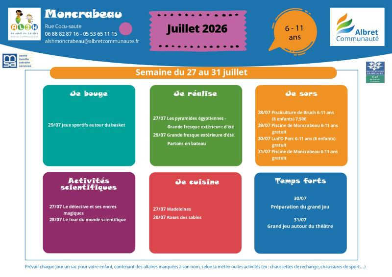 ALSH moncrabeau planning vacances 27 31 juillet 6 11 ans