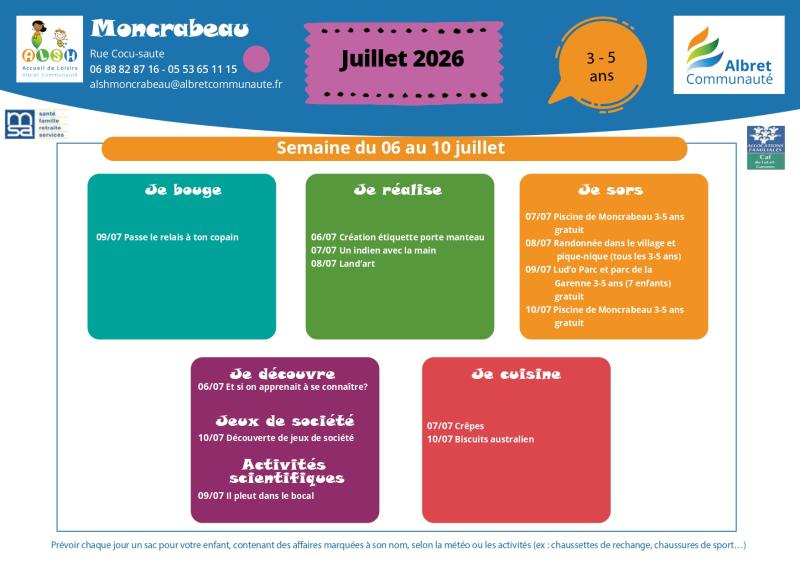 ALSH moncrabeau planning vacances 6 10 juillet 3 5 ans