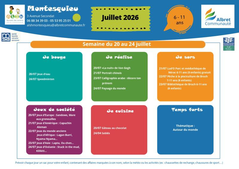 ALSH montesquieu planning vacances 20 24 juillet 6 11 ans