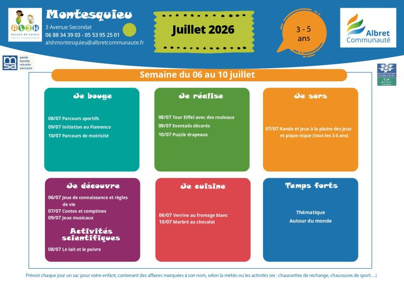 ALSH montesquieu planning vacances 6 10 juillet 3 5 ans