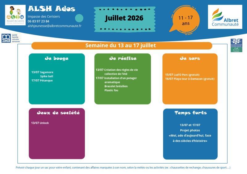 ALSH ados planning vacances 13 17 juillet 11 17 ans