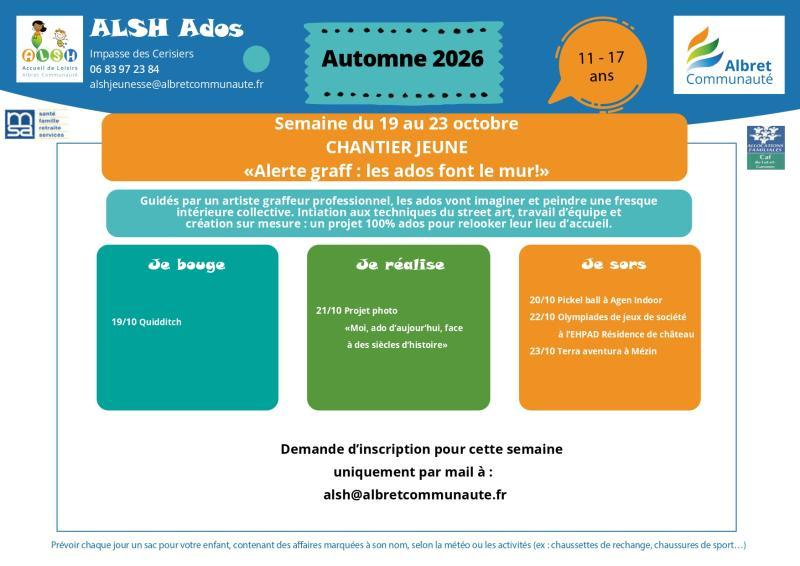 ALSH ados planning vacances 19 23 octobre 11 17 ans
