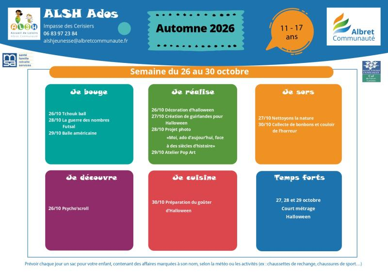 ALSH ados planning vacances 26 30 octobre 11 17 ans