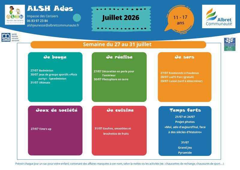 ALSH ados planning vacances 27 31 juillet 11 17 ans