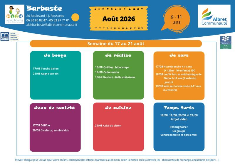ALSH barbaste planning vacances 17 21 aout 9 11 ans