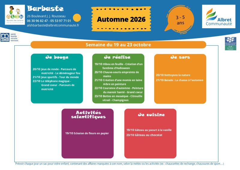 ALSH barbaste planning vacances 19 23 octobre 3 5 ans