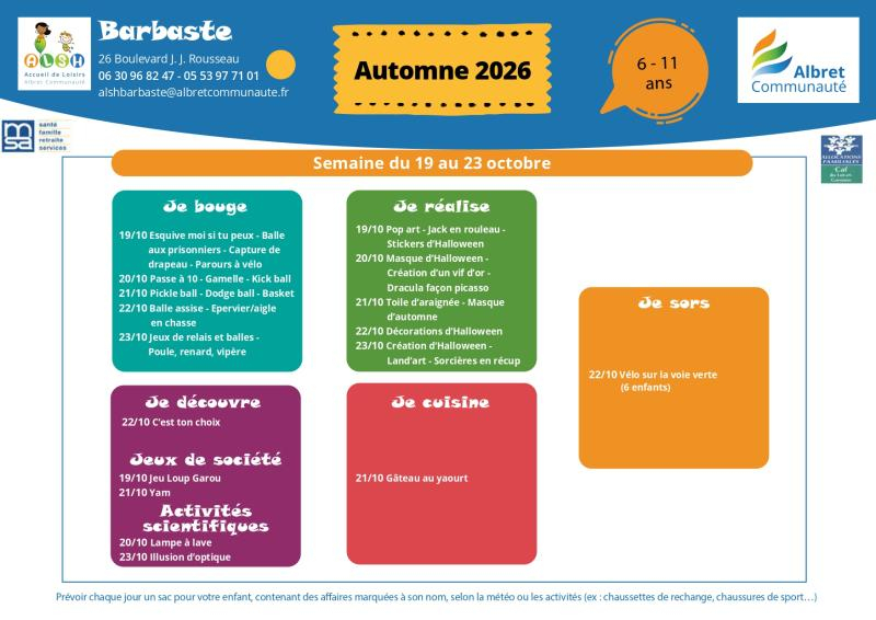 ALSH barbaste planning vacances 19 23 octobre 6 11 ans
