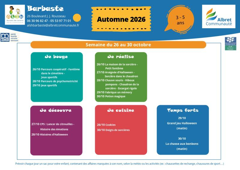 ALSH barbaste planning vacances 26 30 octobre 3 5 ans