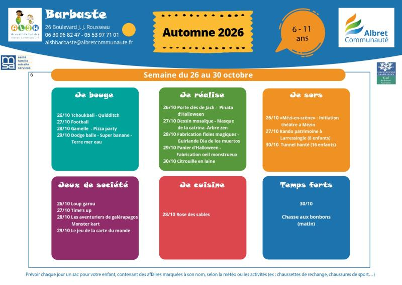 ALSH barbaste planning vacances 26 30 octobre 6 11 ans