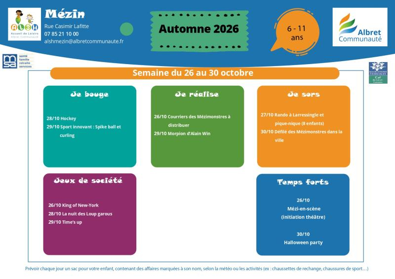 ALSH mezin planning vacances 26 30 octobre 6 11 ans