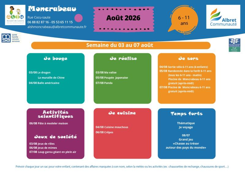 ALSH moncrabeau planning vacances 03 07 aout 6 11 ans