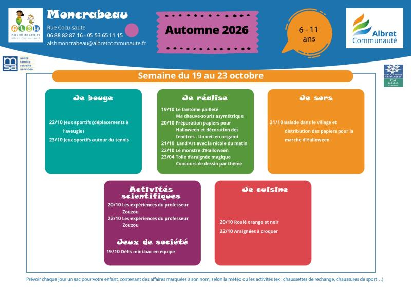 ALSH moncrabeau planning vacances 19 23 octobre 6 11 ans