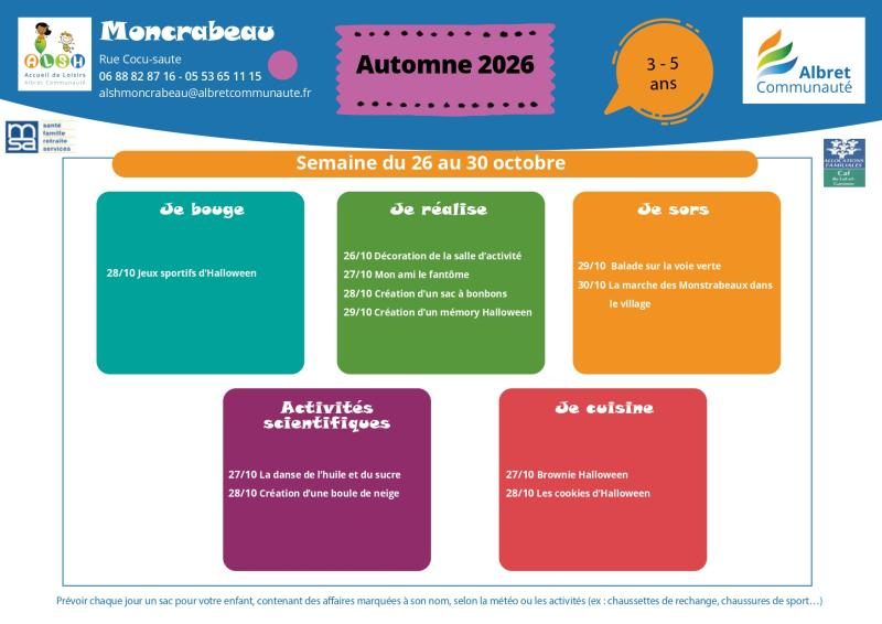 ALSH moncrabeau planning vacances 26 30 octobre 3 5 ans
