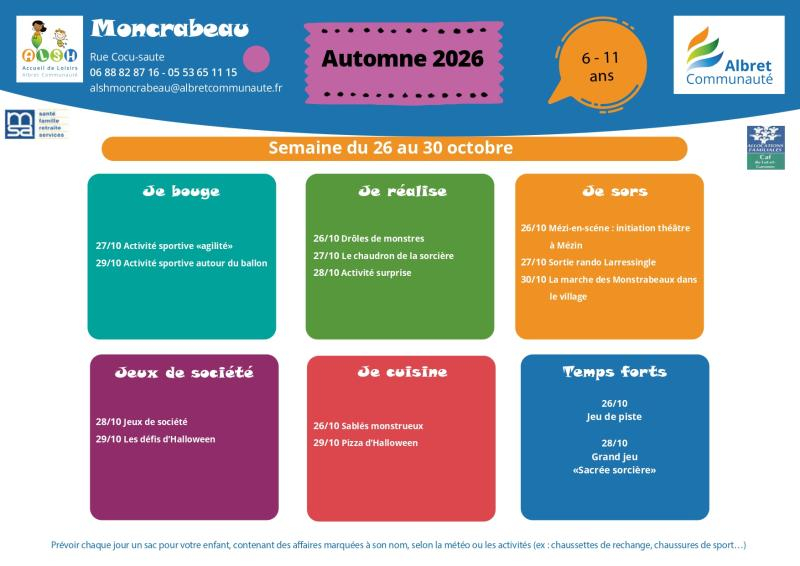 ALSH moncrabeau planning vacances 26 30 octobre 6 11 ans