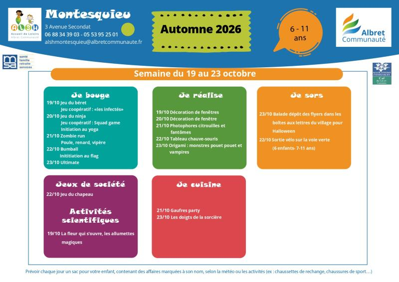 ALSH montesquieu planning vacances 19 23 octobre 6 11 ans