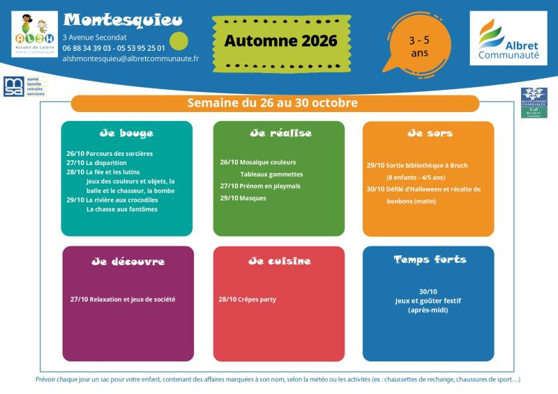 ALSH montesquieu planning vacances 26 30 octobre 3 5 ans
