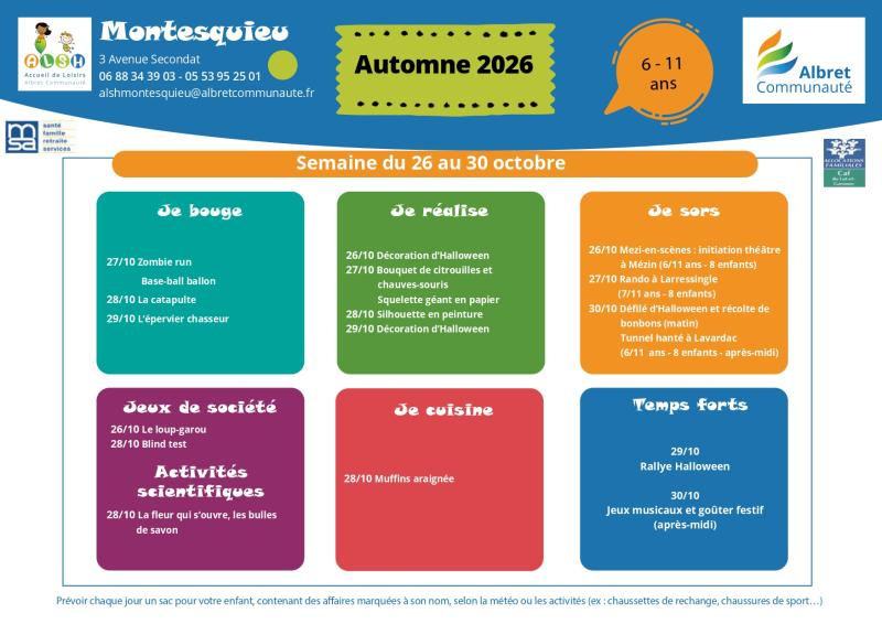 ALSH montesquieu planning vacances 26 30 octobre 6 11 ans