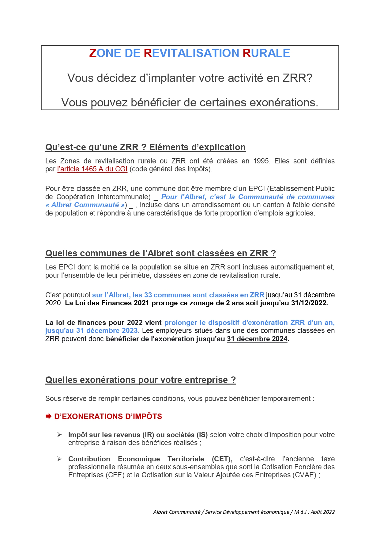 FICHE TECHNIQUE ZRR ZONE DE REVITALISATION RURALE 20220823 page 0001